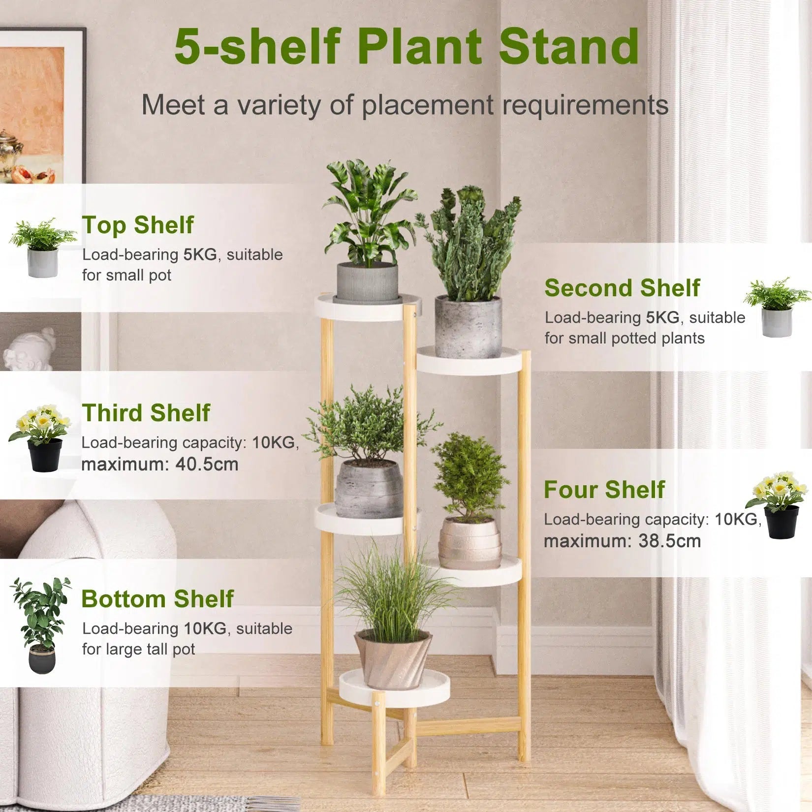 5 Tier Bamboo Plant Stands Indoor-White-Australia-