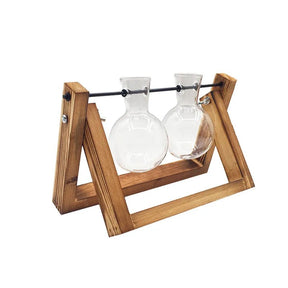 Glass Propagation Vase with Wooden Frame Stand-Double Bulb-