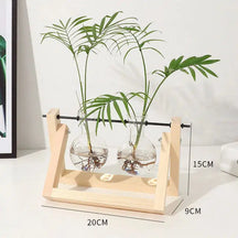 Glass Propagation Vase with Wooden Frame Stand-Double Bulb Light Colour-