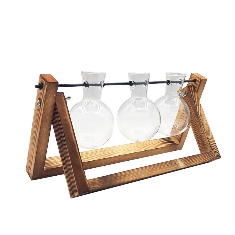 Glass Propagation Vase with Wooden Frame Stand-Triple Bulb-