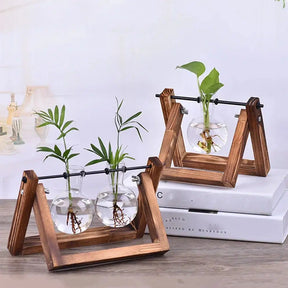 Glass Propagation Vase with Wooden Frame Stand-