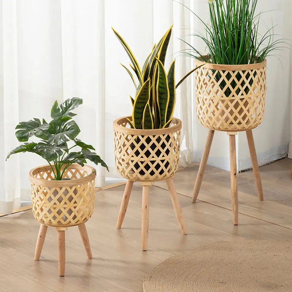 Handwoven Bamboo Flower Pot & Display Stand-