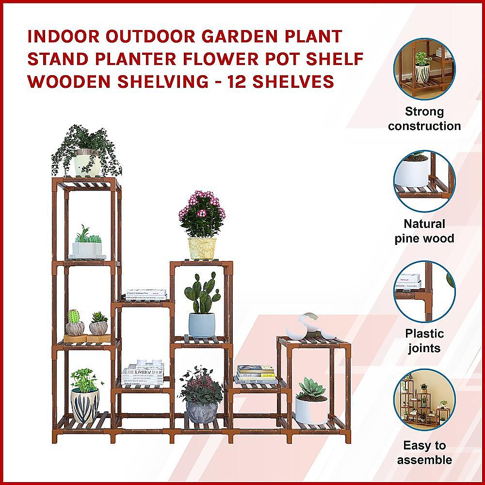 Indoor Outdoor Garden Plant Stand Planter Flower Pot Shelf Wooden Shelving - 12 Shelves-