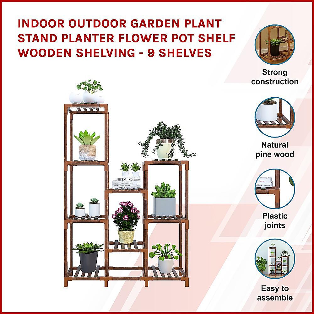 Indoor Outdoor Garden Plant Stand Planter Flower Pot Shelf Wooden Shelving - 9 Shelves-