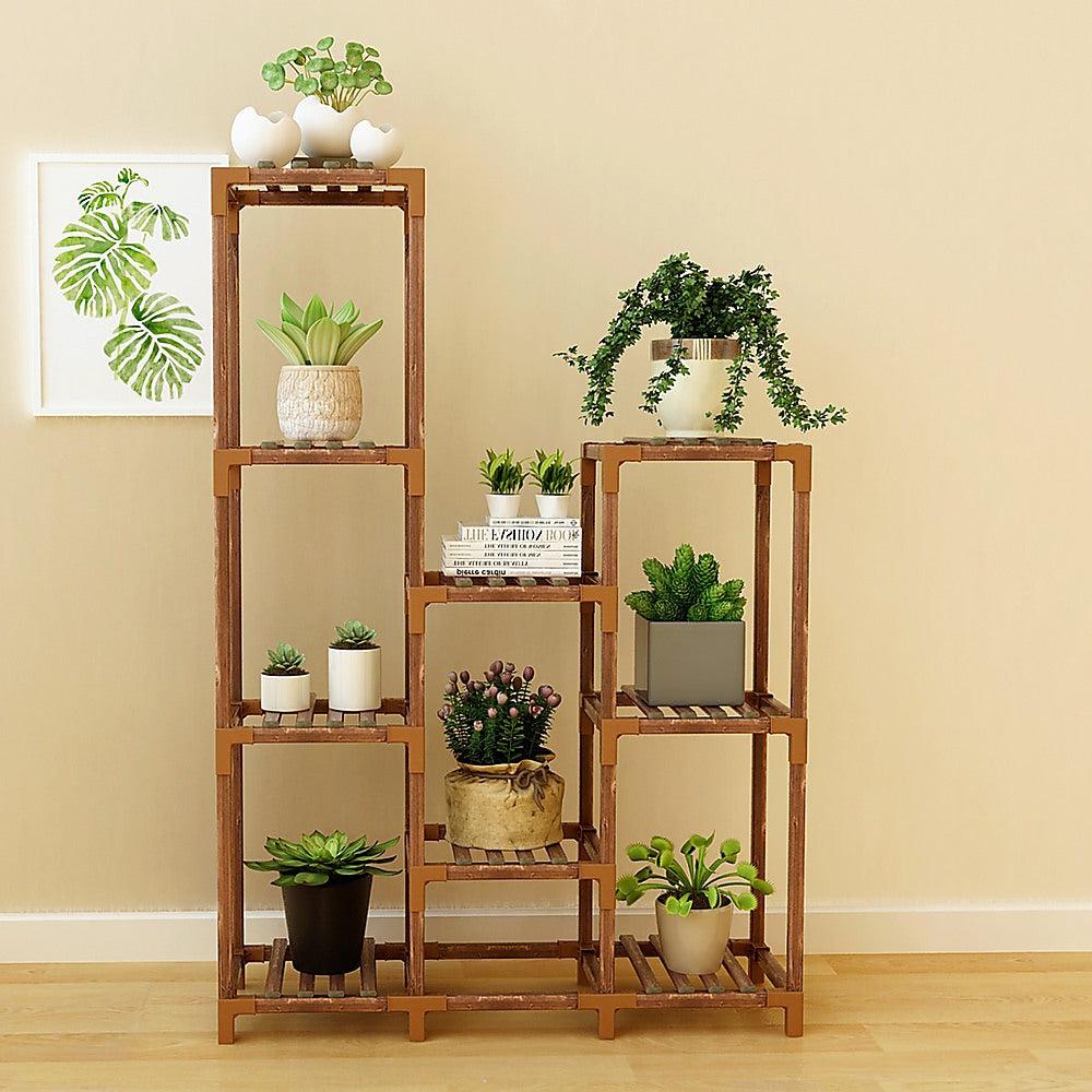 Indoor Outdoor Garden Plant Stand Planter Flower Pot Shelf Wooden Shelving - 9 Shelves-
