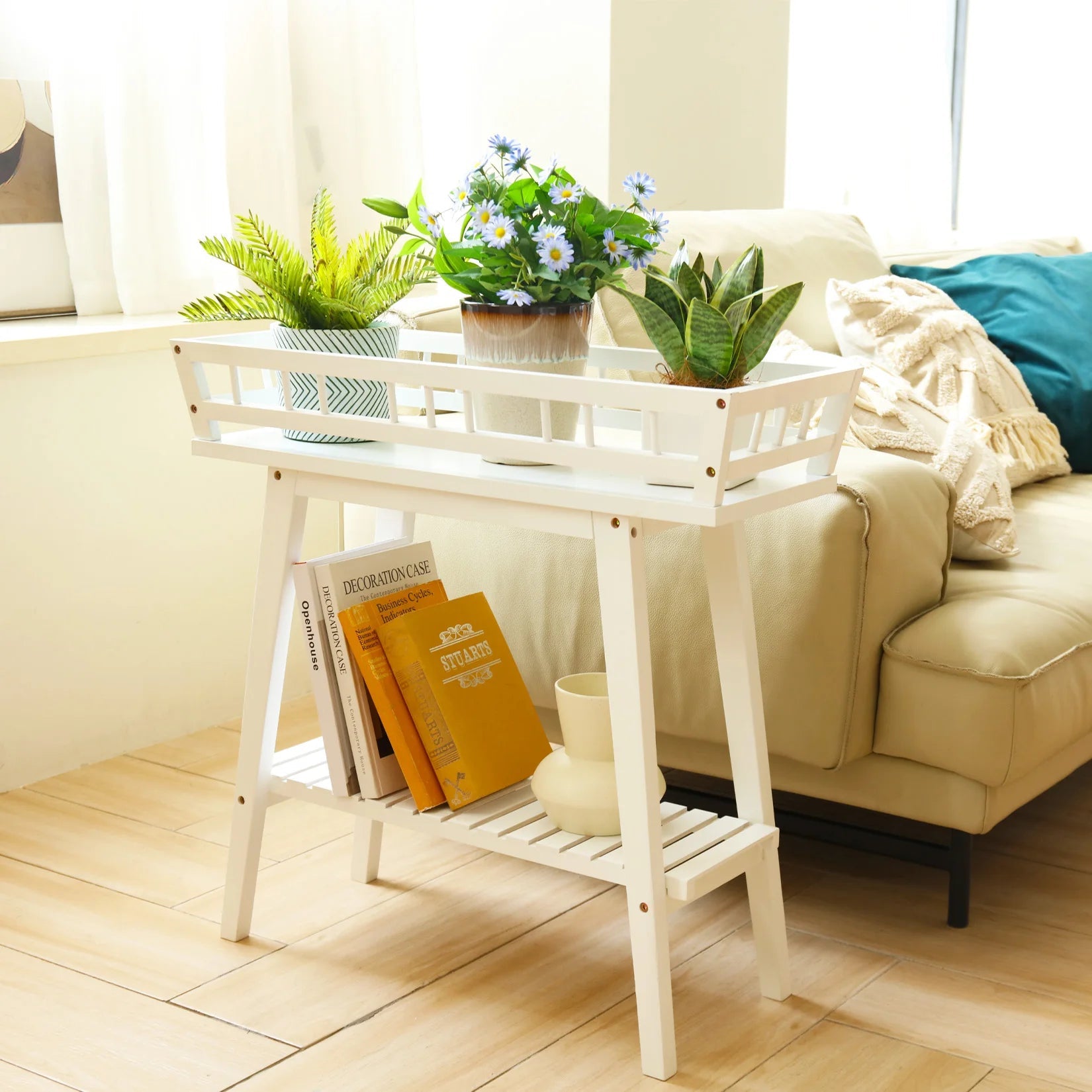 White Rectangle Plant Stand 2-Tier-WHITE-